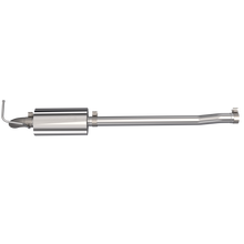 Load image into Gallery viewer, Side view of QTP 2007-2018 Jeep Wrangler JK QTP Crawler AR3 Cat Back exhaust featuring a sleek stainless steel finish.